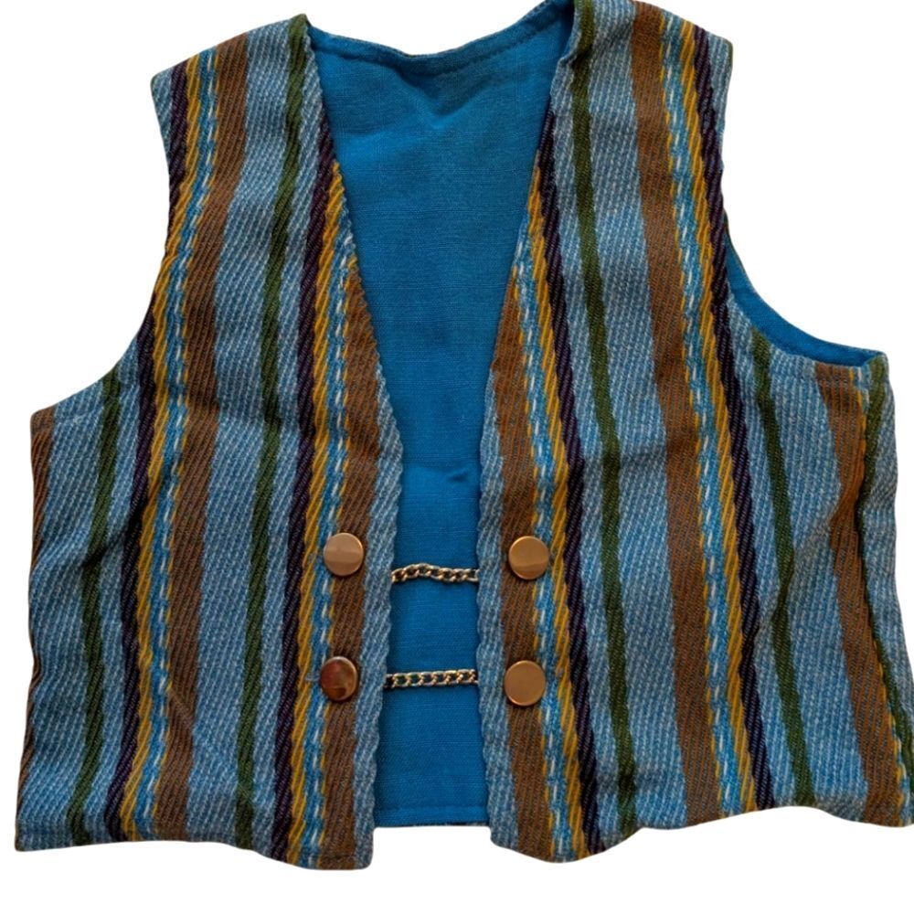 70s Vintage Groovy Striped Barkcloth Vest Golden Chain Closure Kids
